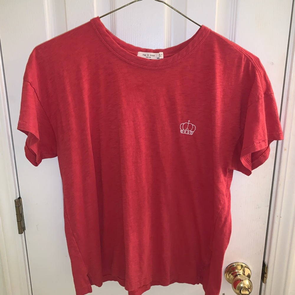 Pink/ salmon colored Tee from Rag and Bone with embroidered crown.